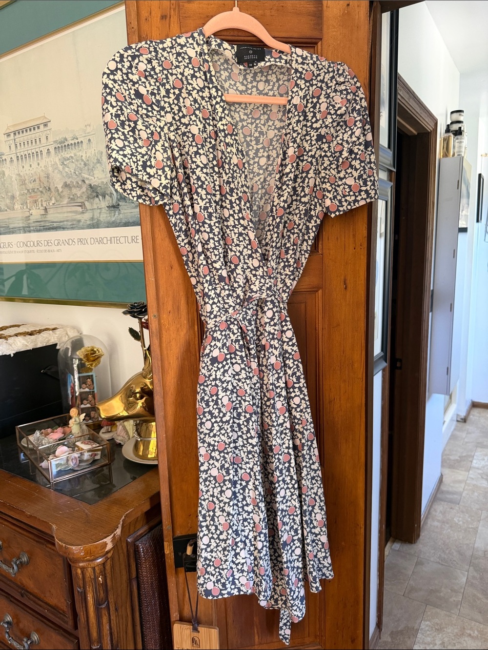Jennifer Meyer Navy Floral Wrap Dress with Pink Floral Accents